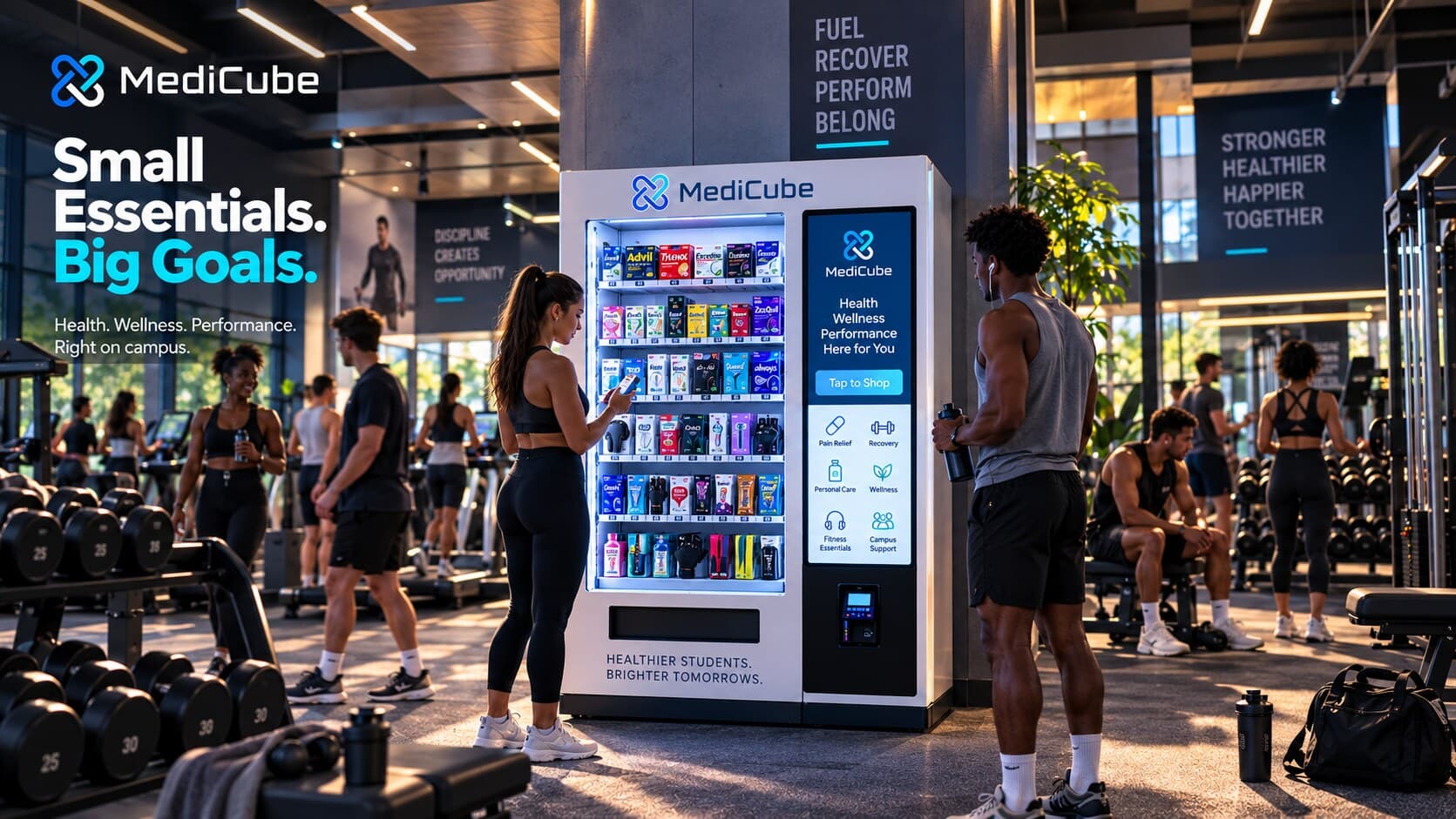 MediCube wellness kiosk in a university fitness center