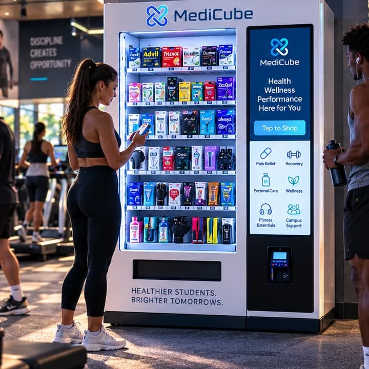 A student checking her phone at a MediCube machine in a campus fitness center